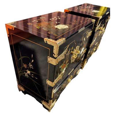 Pair of Ornate Chinoiserie Painted 3 Drawer Cabinets with Brass Accents