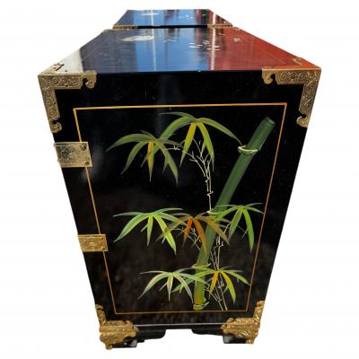 Pair of Ornate Chinoiserie Painted 3 Drawer Cabinets with Brass Accents