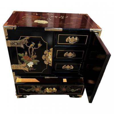 Pair of Ornate Chinoiserie Painted 3 Drawer Cabinets with Brass Accents