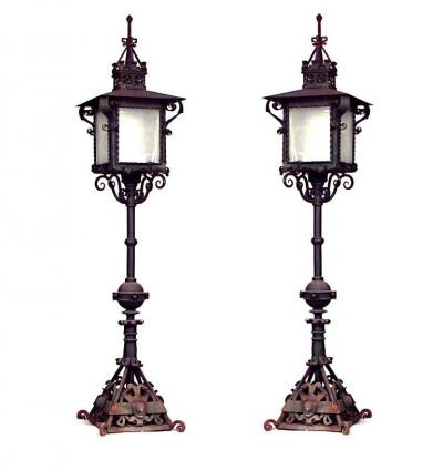 Pair of Outdoor Continental Patinated Iron Street Lanterns
