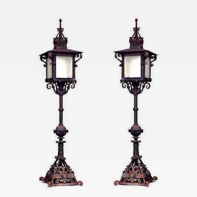 Pair of Outdoor Continental Patinated Iron Street Lanterns