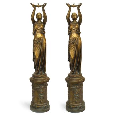 Pair of Outdoor Iron Greek Female Figure Statuaries