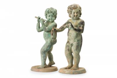Pair of Outdoor Neo Classical Natural Patina Iron Flute and Tambourine Playing P