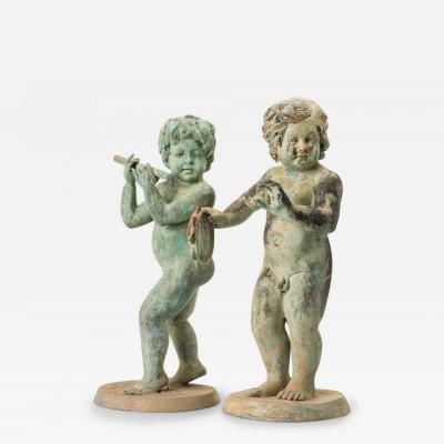 Pair of Outdoor Neo Classical Natural Patina Iron Flute and Tambourine Playing P