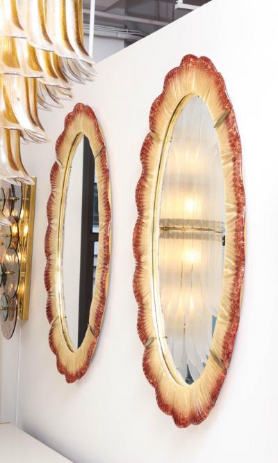 Pair of Oval Scalloped Murano Glass and Brass Mirrors in Red Amber and Gold