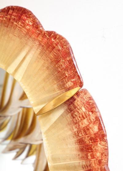 Pair of Oval Scalloped Murano Glass and Brass Mirrors in Red Amber and Gold