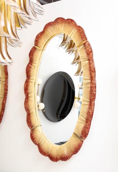Pair of Oval Scalloped Murano Glass and Brass Mirrors in Red Amber and Gold