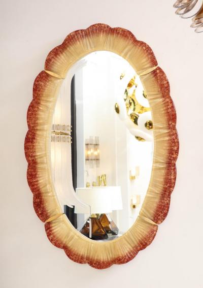 Pair of Oval Scalloped Murano Glass and Brass Mirrors in Red Amber and Gold