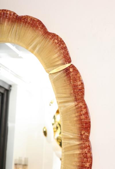Pair of Oval Scalloped Murano Glass and Brass Mirrors in Red Amber and Gold