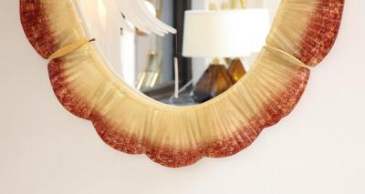Pair of Oval Scalloped Murano Glass and Brass Mirrors in Red Amber and Gold