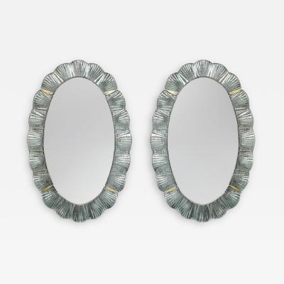 Pair of Oval Scalloped Murano Glass and Brass Mirrors in Soft Blue Green Italy