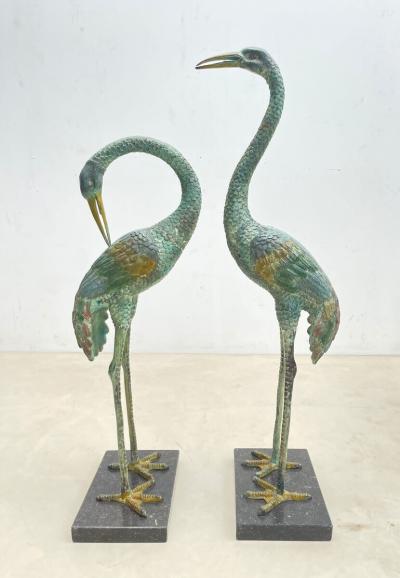 Pair of Painted Bronze Heron Statues