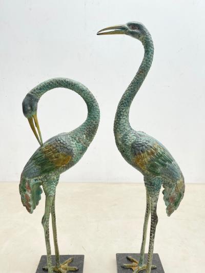 Pair of Painted Bronze Heron Statues