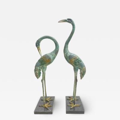 Pair of Painted Bronze Heron Statues