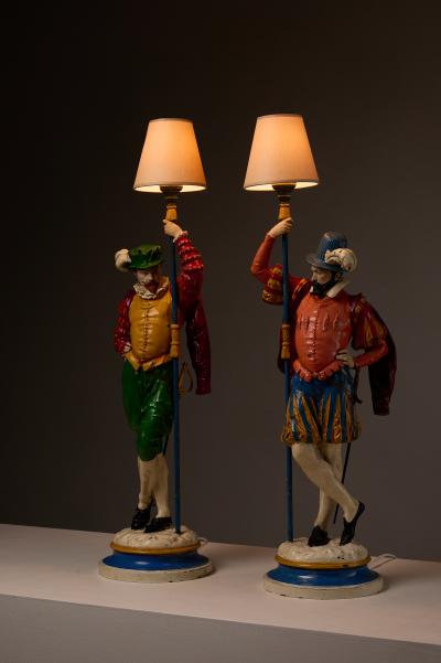 Pair of Painted Cast Iron Guard Figures Table Lamps