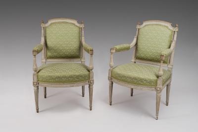 Pair of Painted Louis XVI Armchairs Fauteuils 