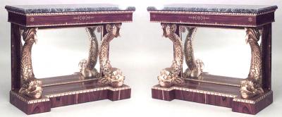 Pair of Pair of English Regency Rosewood Gilt Dolphin Console Table