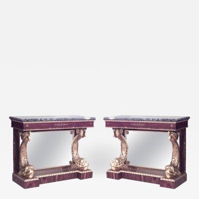 Pair of Pair of English Regency Rosewood Gilt Dolphin Console Table