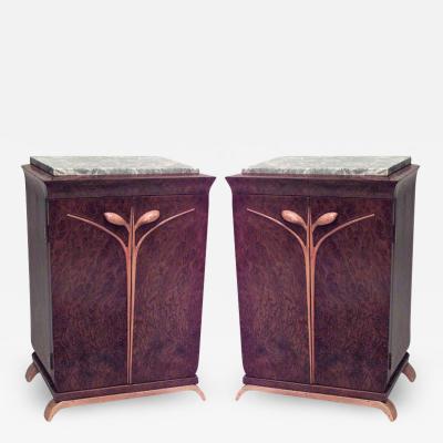 Pair of Pair of French Art Deco Burl Walnut and Marble Bedside Commodes