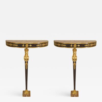 Pair of Pair of French Empire Bronze Dore and Marble Console Table