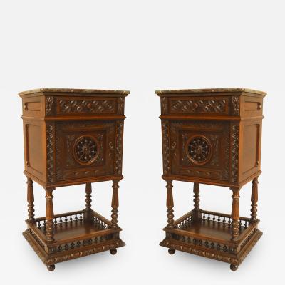 Pair of Pair of French Provincial Brittany Style Oak and Marble Bedside Commodes