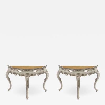 Pair of Pair of Italian Rococo Silver Gilt Marble Top Console Table