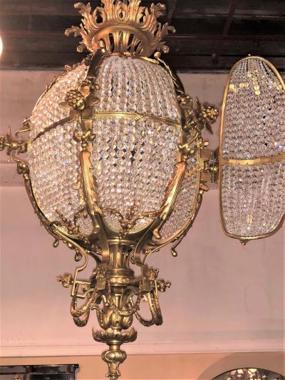 Pair of Palatial Dor Bronze Circular Crystal Beaded Ball Chandeliers
