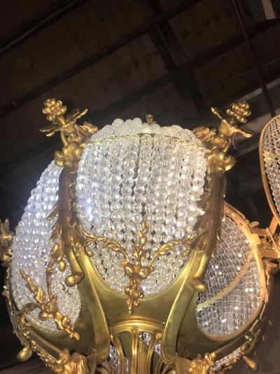 Pair of Palatial Dor Bronze Circular Crystal Beaded Ball Chandeliers