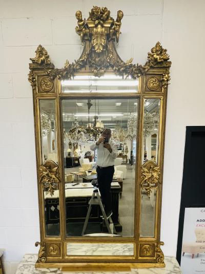 Pair of Palatial Mirrors Louis XVI Giltwood Hand Carved Pier Console Wall