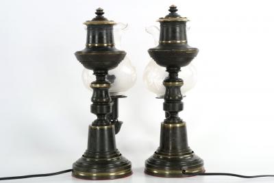 Pair of Patinated Brass Electrified Oil Lamps England 19th Century