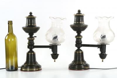 Pair of Patinated Brass Electrified Oil Lamps England 19th Century
