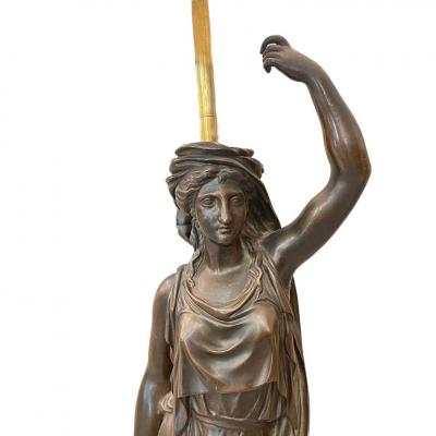 Pair of Patinated Bronze French Torch re Lamps 19th century