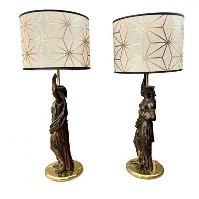 Pair of Patinated Bronze French Torch re Lamps 19th century