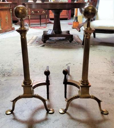 Pair of Philadelphia Brass Andirons with Roman Columns and Ball Finials