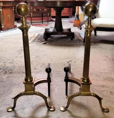 Pair of Philadelphia Brass Andirons with Roman Columns and Ball Finials