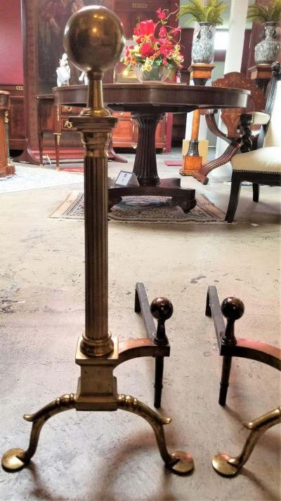 Pair of Philadelphia Brass Andirons with Roman Columns and Ball Finials