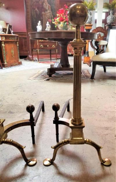 Pair of Philadelphia Brass Andirons with Roman Columns and Ball Finials