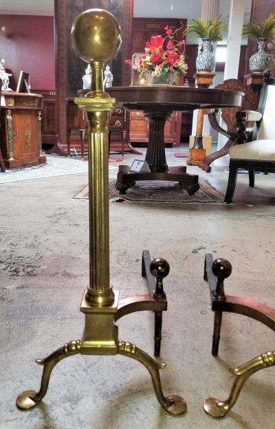 Pair of Philadelphia Brass Andirons with Roman Columns and Ball Finials