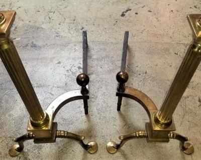 Pair of Philadelphia Brass Andirons with Roman Columns and Ball Finials