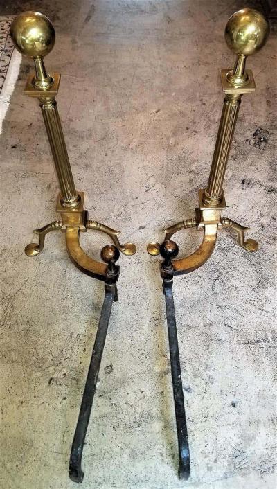 Pair of Philadelphia Brass Andirons with Roman Columns and Ball Finials