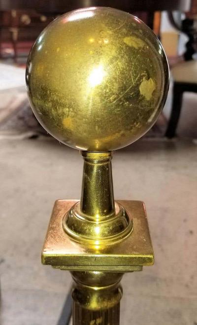 Pair of Philadelphia Brass Andirons with Roman Columns and Ball Finials