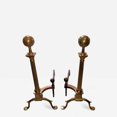 Pair of Philadelphia Brass Andirons with Roman Columns and Ball Finials