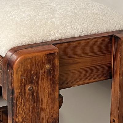 Pair of Pine Stools with Shearling Upholstery