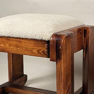 Pair of Pine Stools with Shearling Upholstery