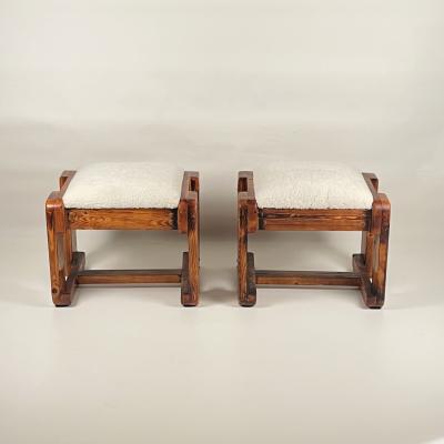 Pair of Pine Stools with Shearling Upholstery