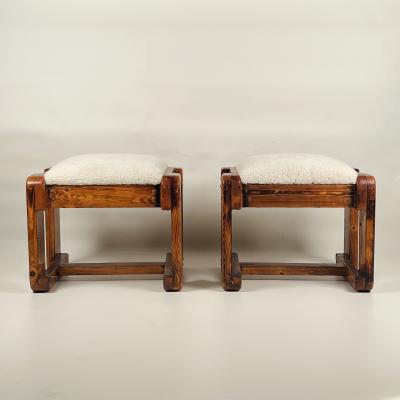 Pair of Pine Stools with Shearling Upholstery
