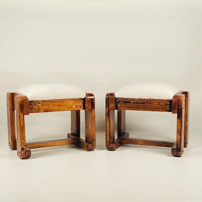 Pair of Pine Stools with Shearling Upholstery