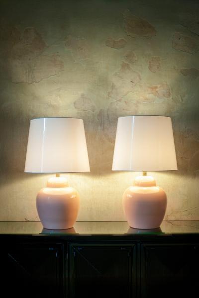 Pair of Pink Ceramic Lamps With Methacrylate Shades