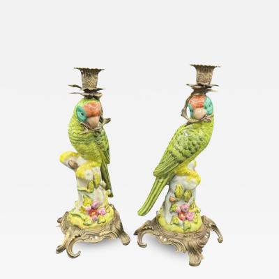 Pair of Porcelain Parrots Candle Holders