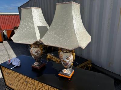 Pair of Porcelain Satsuma Style Table Lamps w Gold Accents on Wood Stands